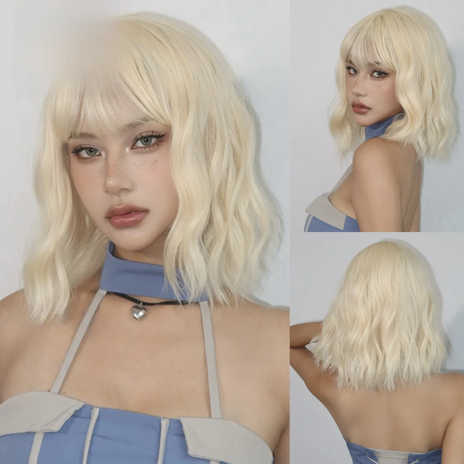 Beige Blonde Bob Wellenförmige Synthetische Perücken mit Pony Kurze Cosplay Lolita Perücken für Frauen Afro DaiIy Natürliche Hitzebeständige Kunsthaar