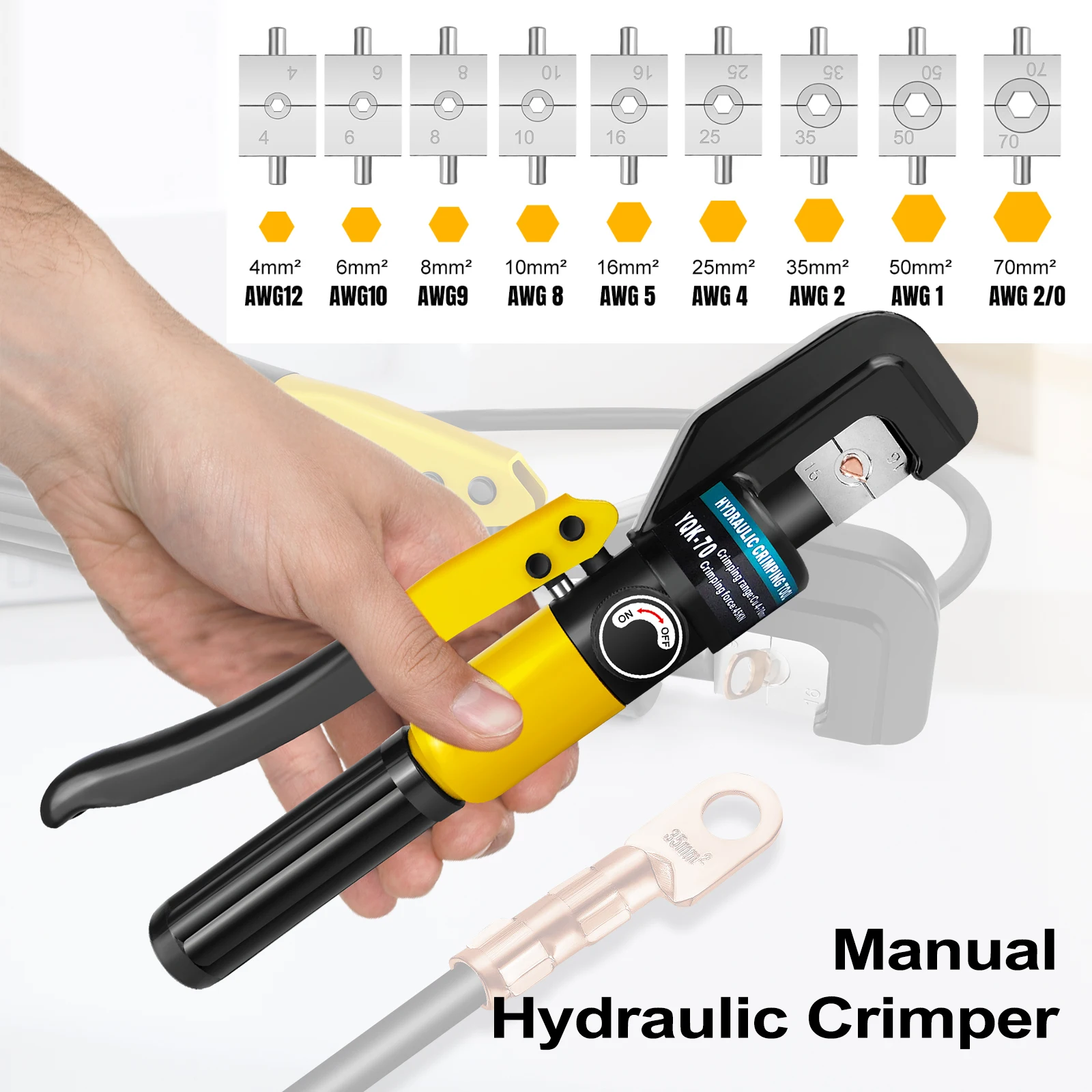 Manuelles Hydraulisches Crimpwerkzeug 4-70mm² Kabelschuh-Crimpzange mit 9 Paar Pressbacken Manuelles Hydraulisches Terminal-Crimpwerkzeug für Batteriekabel und Elektroverkabelung