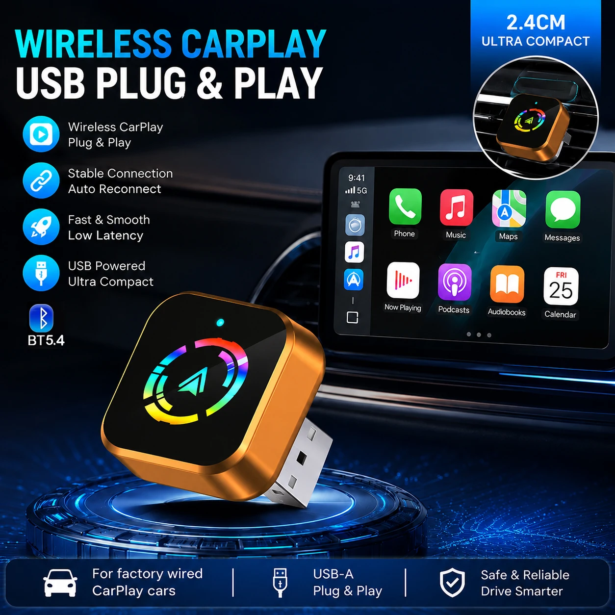 2-in-1 Wireless CarPlay Adapter Plug-and-Play for iPhone 10 and Android 11 above Auto Adapter with USB/USB-C Port Car Accessory view 7