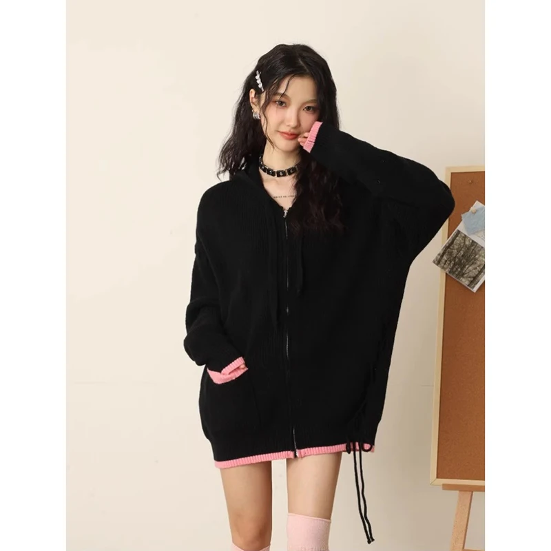 

Korean Version Hooded Knitted Cardigan for Women Autumn Winter New Loose Lazy Style Sweater Chic Design Outerwear