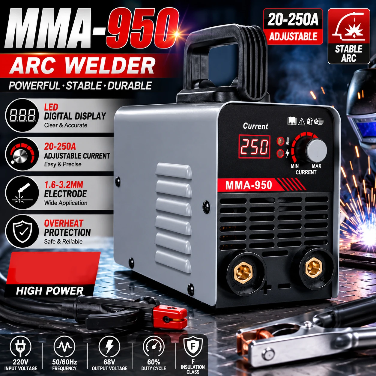 Machine à souder à l'arc numérique à LED 220V, 20-250A, soudeuse à l'arc portable MMA avec technologie IGBT, bricolage pour la maison, le garage et l'atelier