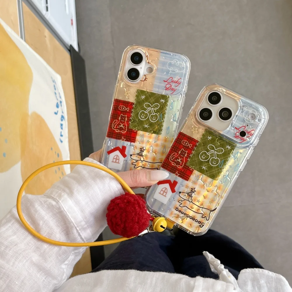 

Popular stitching plaid lines cherry animal phone case for 17 16 ProMax 14 15 Pro Fundas simple fashion new shock-proof Fundas
