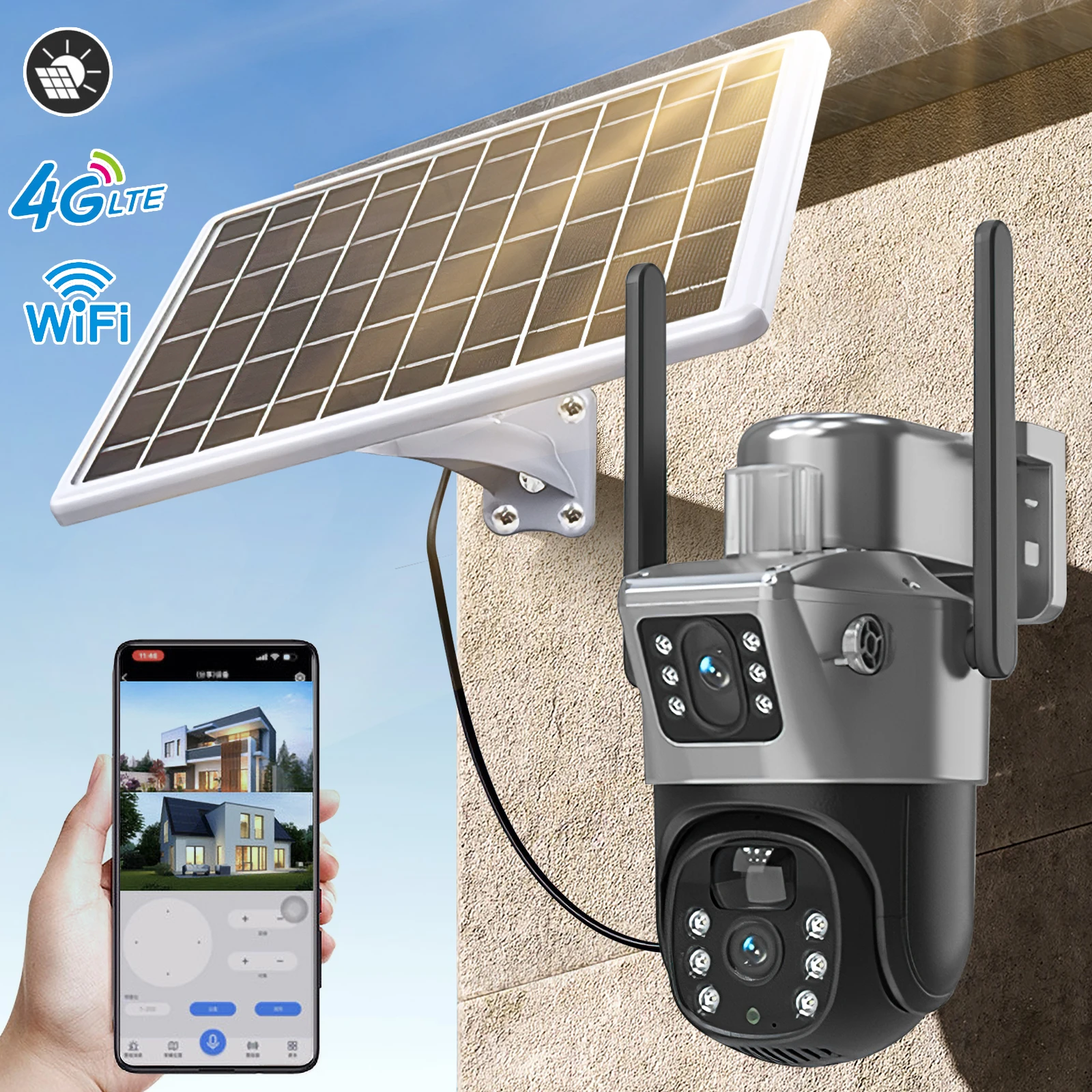 Kamera zewnętrzna zasilana energią słoneczną, 4G WIFI, bezprzewodowa, z panelem słonecznym, audio, PIR, kamera do monitoringu bezpieczeństwa