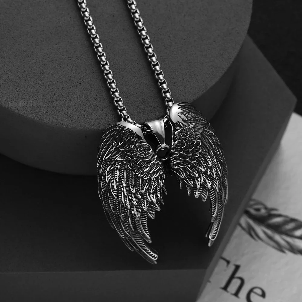 Collier pendentif aile d'ange rétro en acier inoxydable, Style Hip Hop Punk, couleur argent, cadeau de fête d'anniversaire pour hommes et femmes, bijoux de cou