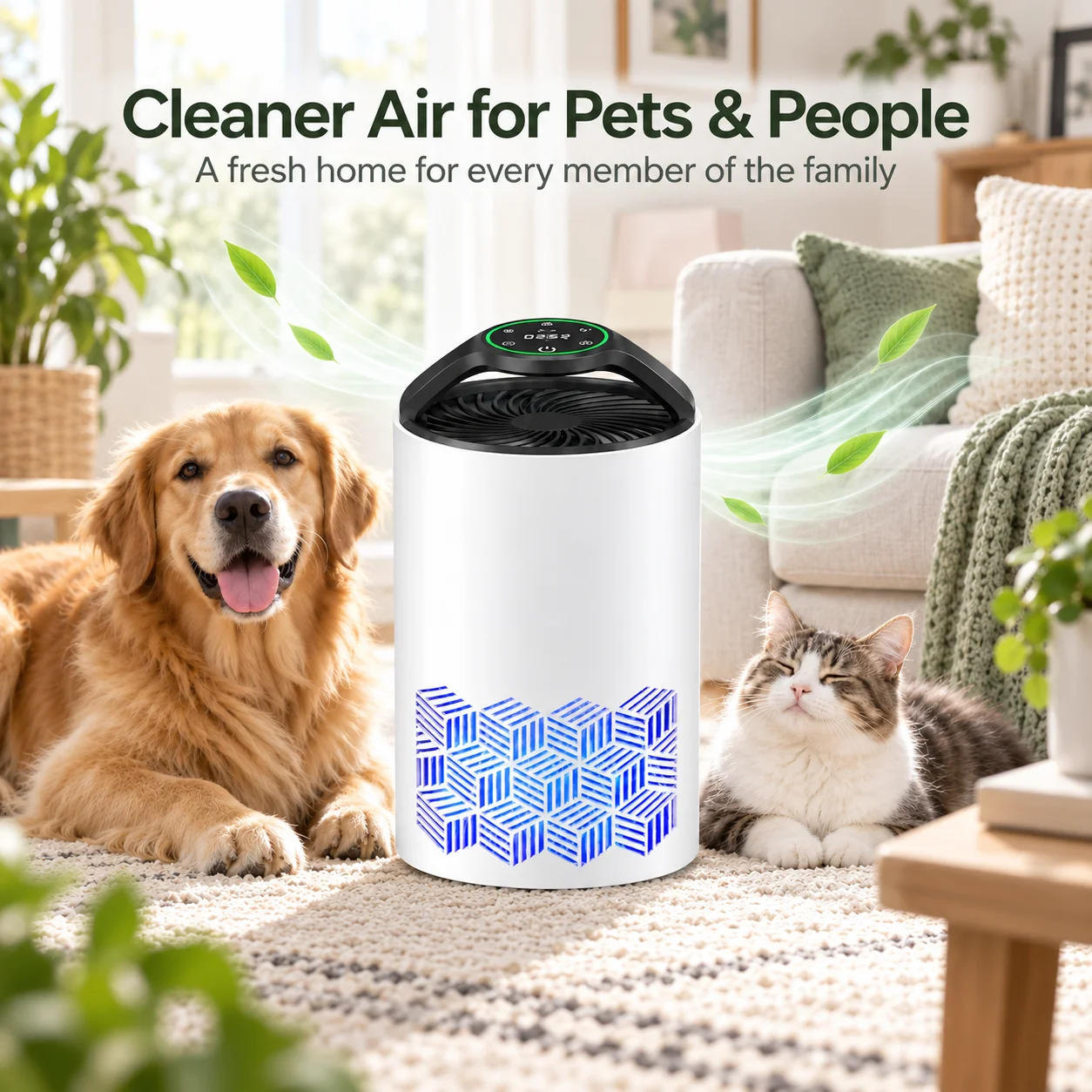 Pet Air Purifier for Home Bedroom, H13 HEPA Air Cleaner Captures Pet Hair Dander & Cat Litter Odor, Quiet Desktop Air Purifier with Touch Screen & 3D Ambient Light, Black & White 2 Colors