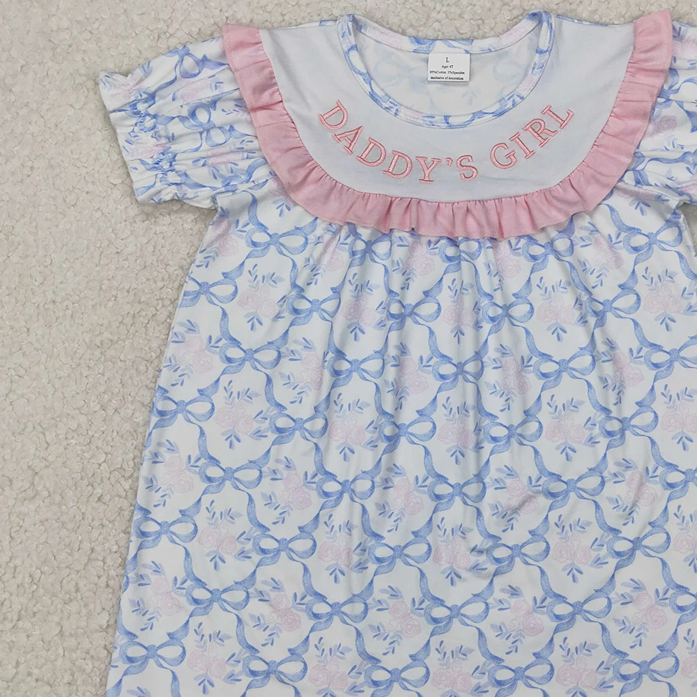 GSD2226 女の赤ちゃんサマードレス刺繍女の赤ちゃんブルー弓パパの女の子膝丈ドレス