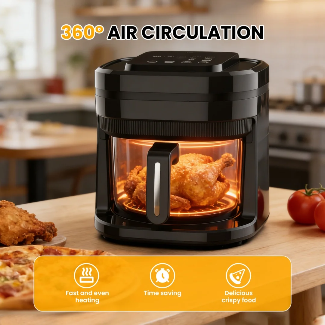 Freidora de aire negra de 3,5 litros con ventana de visualización 360 ° Freidora de Aire con Circulación de Aire Caliente y Control Táctil