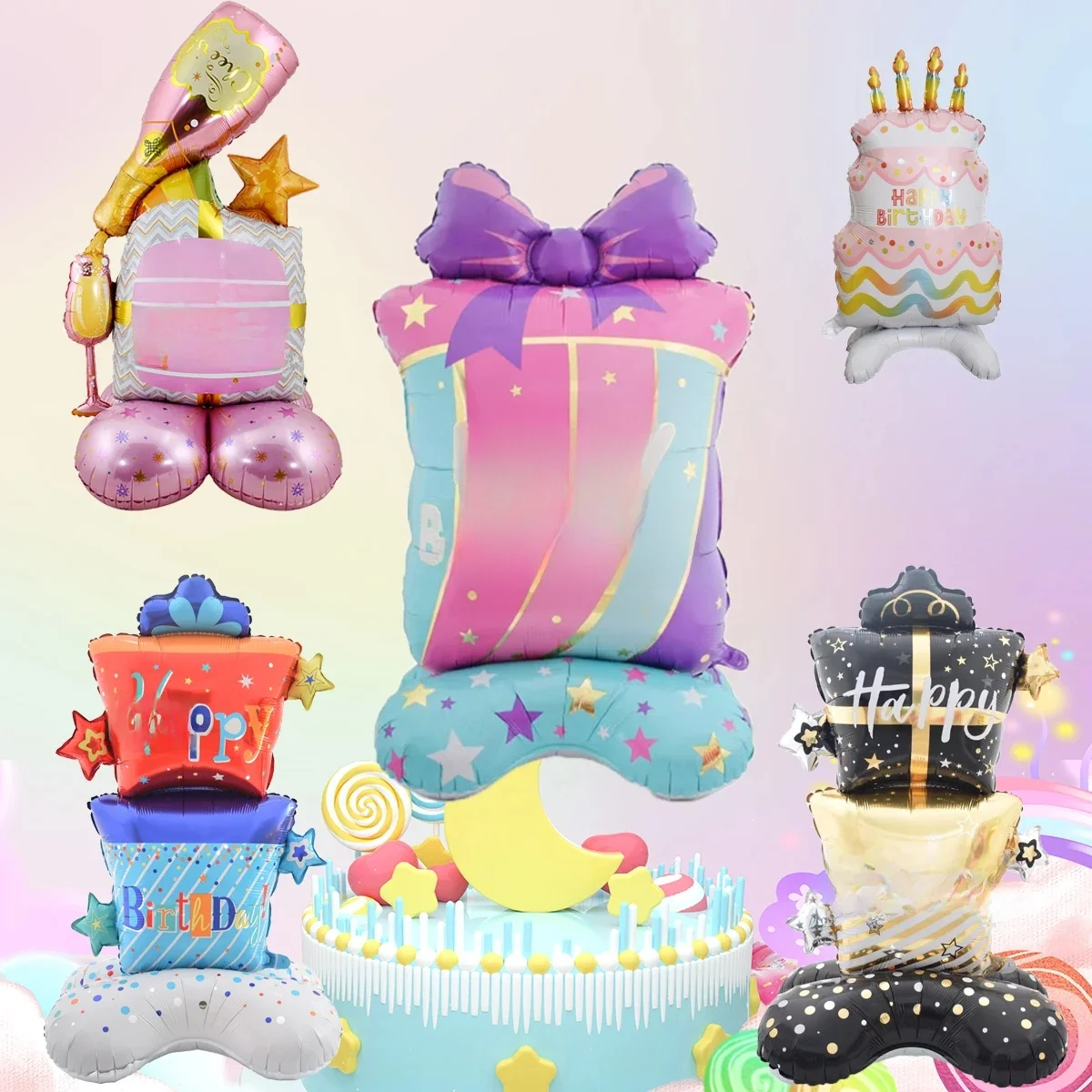 Grand support de 59 pouces, 1 pièce, boîte-cadeau avec nœud papillon joyeux anniversaire, Base de ballons, gâteau à Champagne, ballon à Air, décorations de fête d'anniversaire