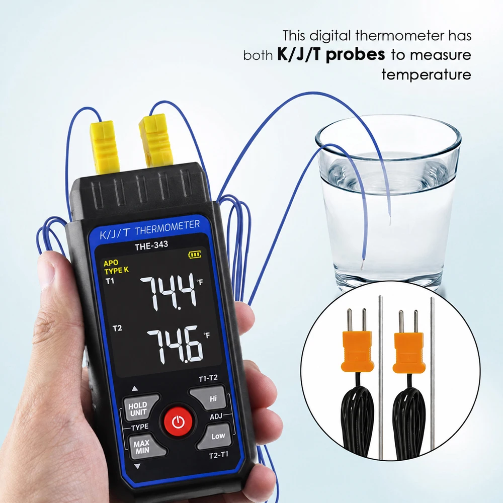 Digital K/J/T Type Digital Temperature Measurement T1-T2 Thermocouple Thermometer W/ Backlight and Temperature Compensation