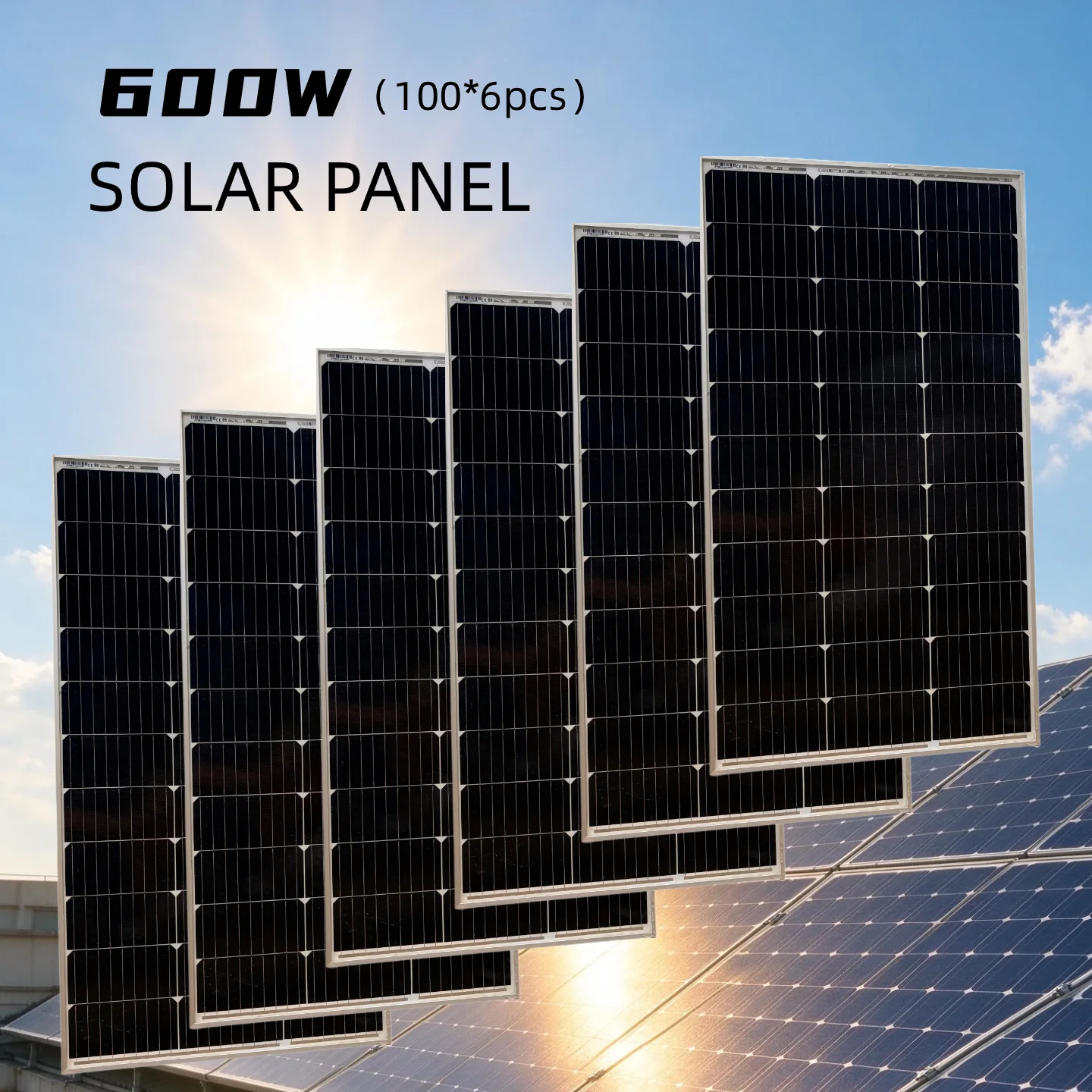 Langzeit-Stromerzeugung 600W Solarpanel, 6 Stück 100W Kombination aus gehärtetem Glas, Aluminiumlegierungsrahmen, alterungs- und wetterbeständig, ideal für Wohnmobile, Bauernhöfe, Dachstromerzeugung,