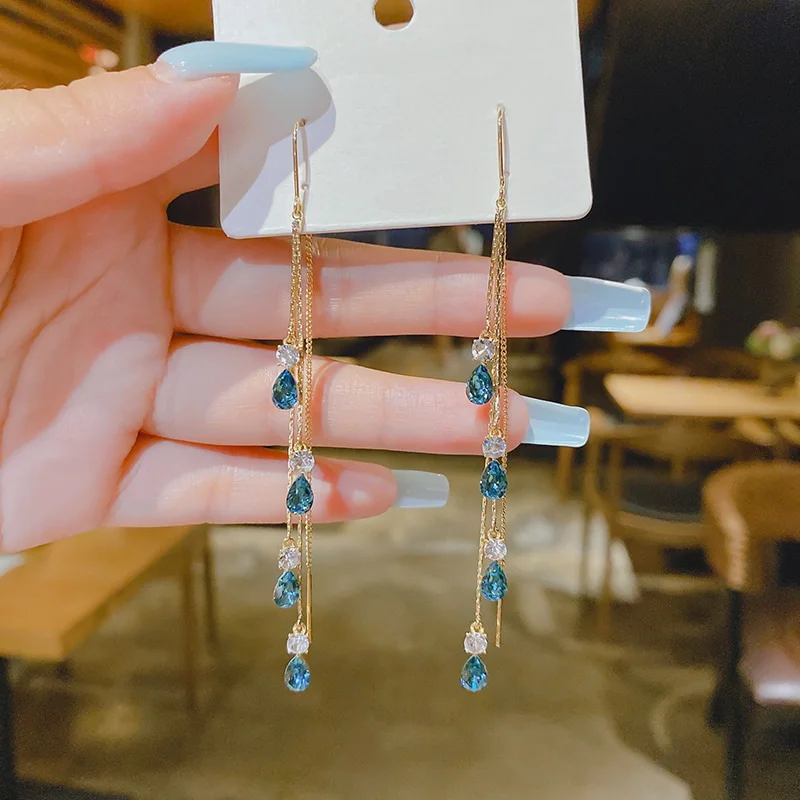 New Design Korean Long Red Zircon Ear Line Hang Crystal Dangle Earrings For Women Trendy Party Jewelry Christmas Gift For Ladies