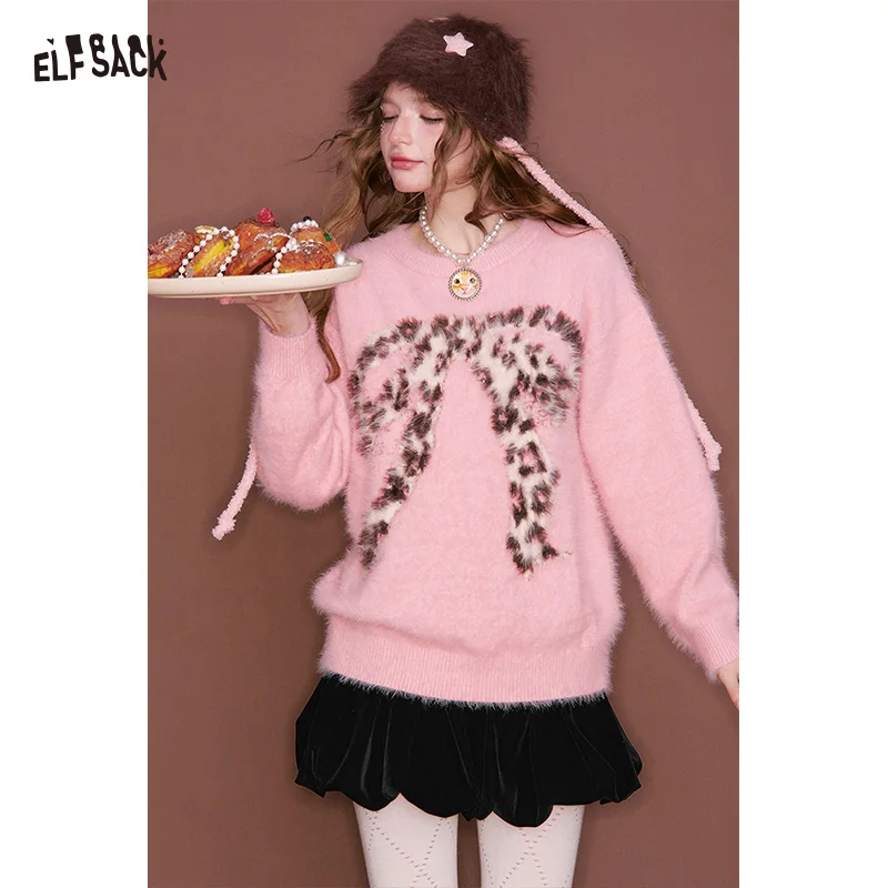 ELFSACK Women's Long Sleeve Pullover Sweater Loose Fit Round Neck Y2K Leopard Print Bow Romantic Countryside Sweet Cool