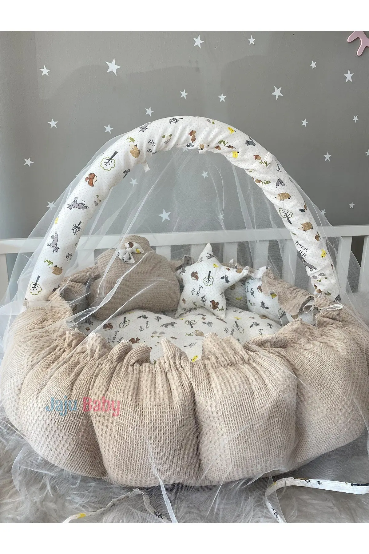 

Handmade Pique Fabric and Muslin Fabric Fox Design Retractable - Collapsible Play Mat with Mosquito Net Apparatus Babynest