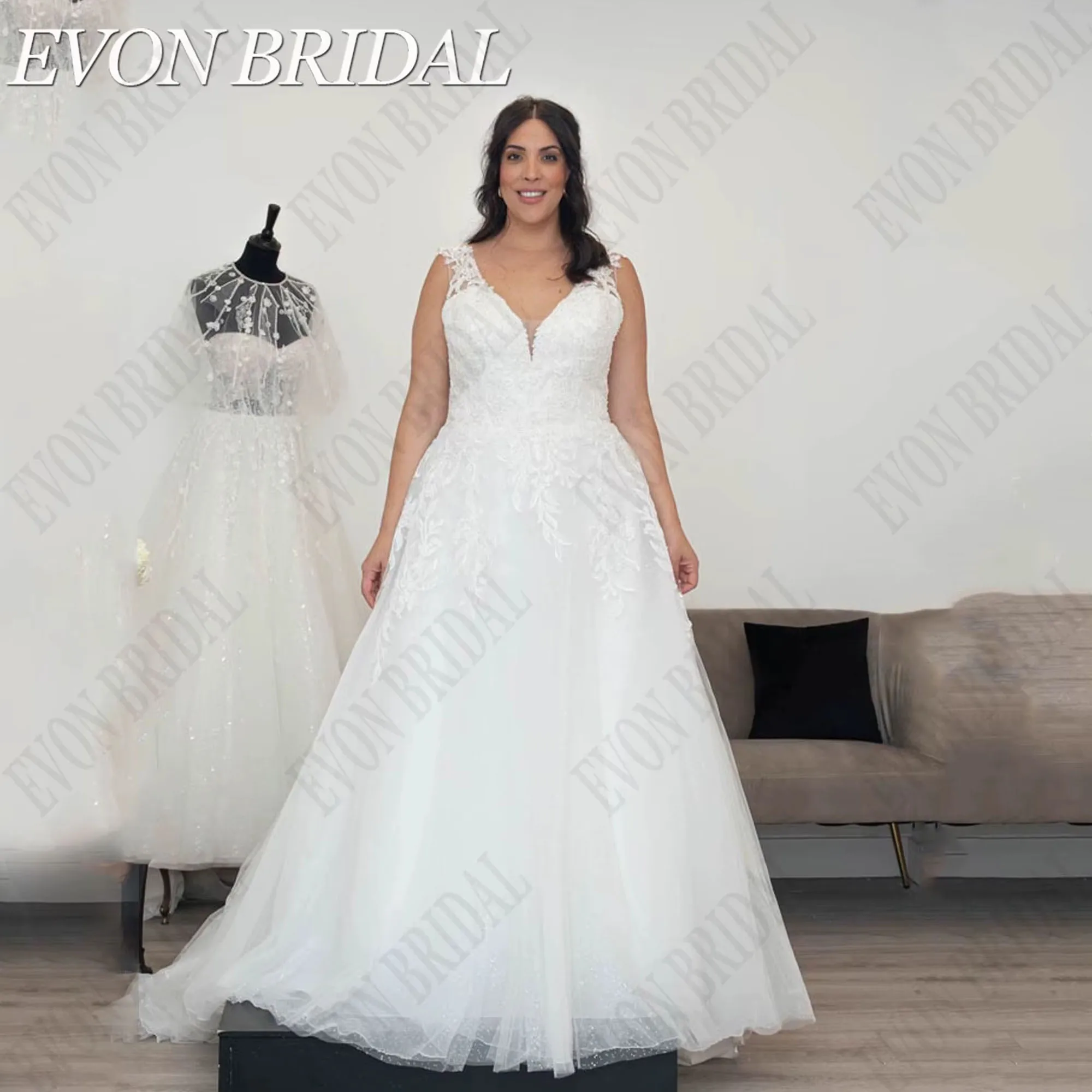 

EVON BRIDAL Sparkly Plus Size V-Neck Wedding Dress Sleeveless robe de mariée 2026 Boho Bride Gowns Applique A-Line Customized