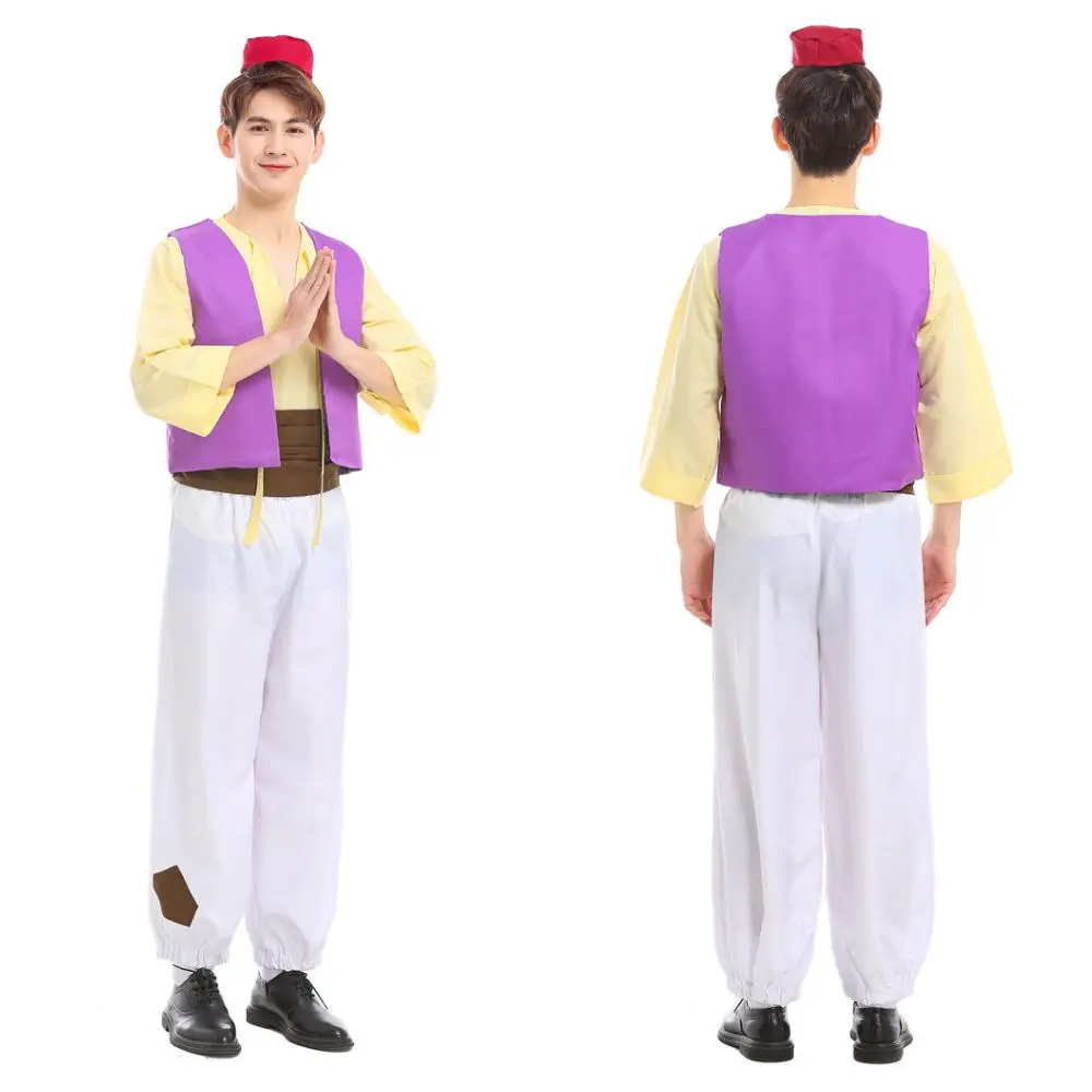 علاء الدين زي الرجال الأمير العربي تأثيري الملابس للكبار أعلى السراويل قبعة ملابس هالوين كرنفال مرحلة الأداء البدلة
