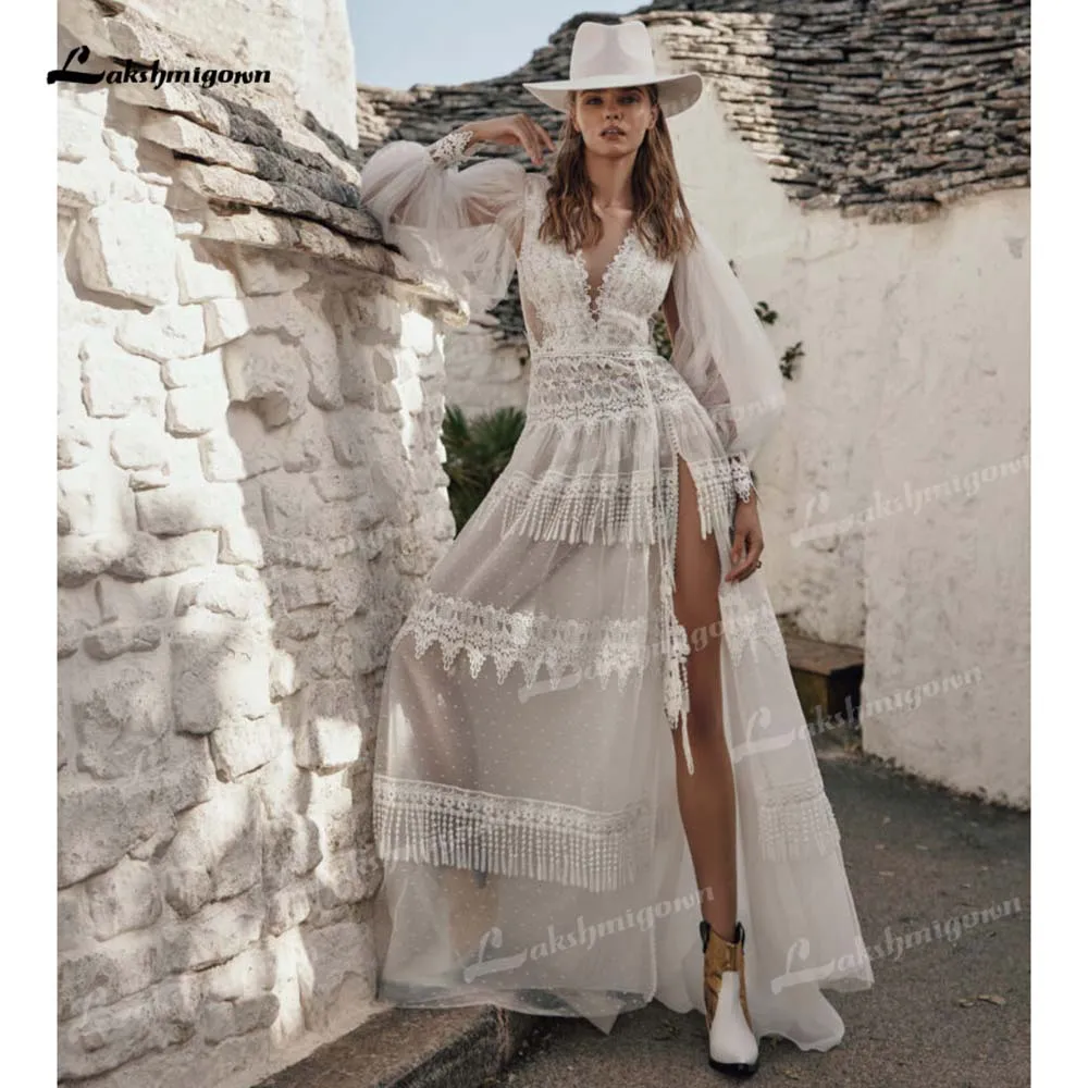 

Lakshmigown Exquisite Split Side Boho Wedding Dress Elegant V-Neck A-Line Sweep Train Bride Gown Vestidos De Novia Customized