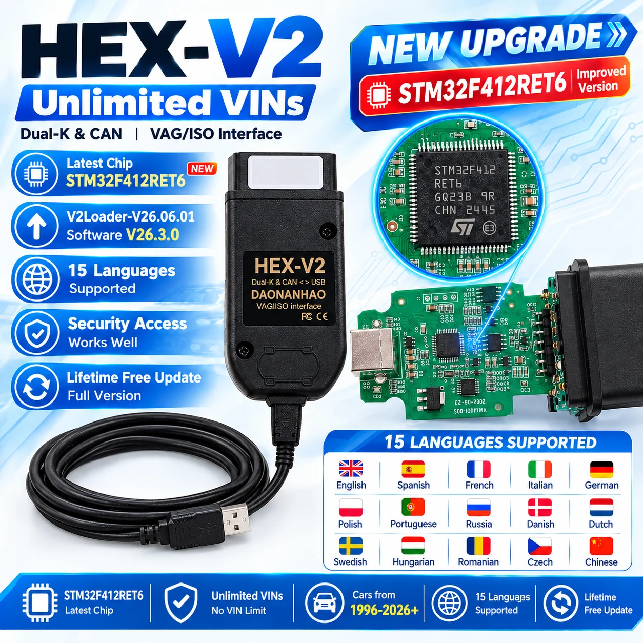 HEX V2 V26.3.0 STM32F412RET6 Chip OBD2 Diagnostic Scanner Unlimited VINs Auto Coding Tool For VAG Cars