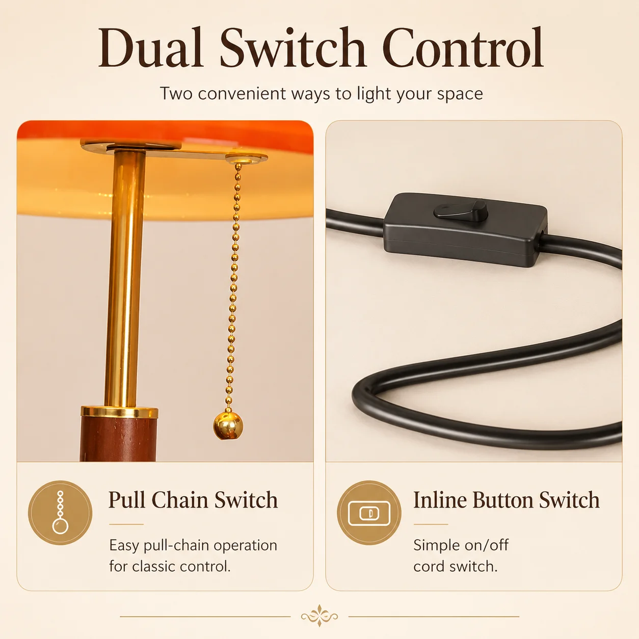 Vintage Glass Table Lamp with Amber Shade, LED Bedside Lamp with Pull Chain Switch, Solid Walnut Wood Base, Plug-in Accent Lamp for Bedroom Living Room Study