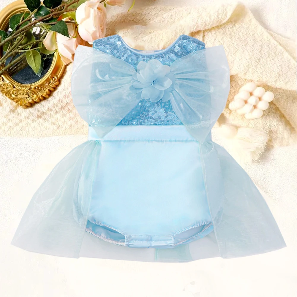 Frozen Ice Princess Baby Girls Party Dress Cinderella Lace Blue 1st Birthday Wedding Jumpsuit Kids Clothes Crawling Suit Costume