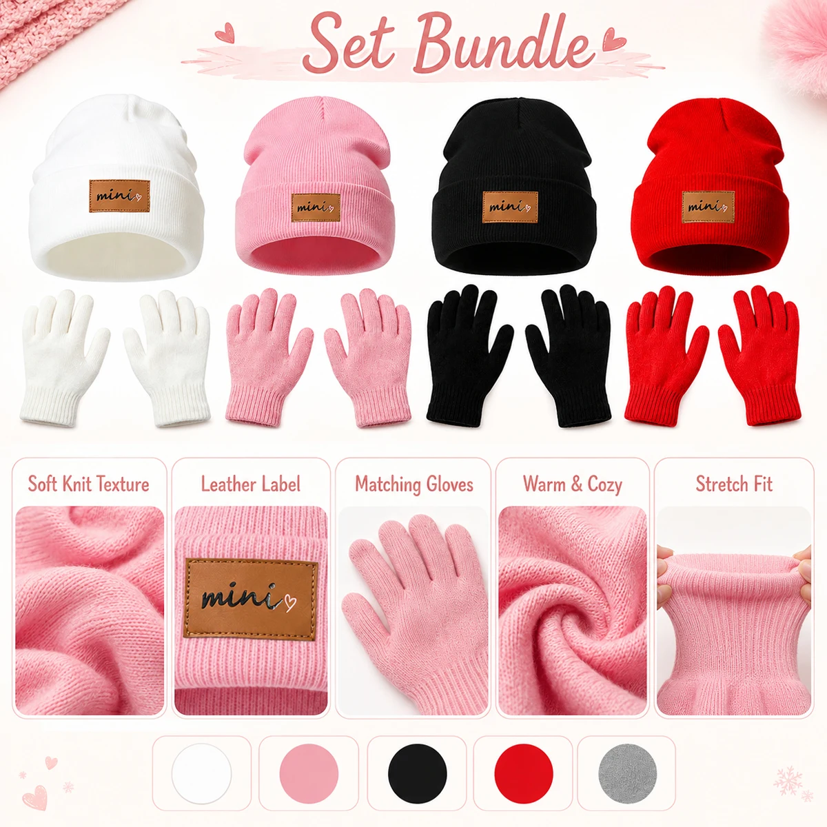 2pcs Set Kids Winter Beanie Hat And Gloves Set, Soft Knit Warm Hat With Matching Stretch Gloves For Girls Boys Mini Label Design