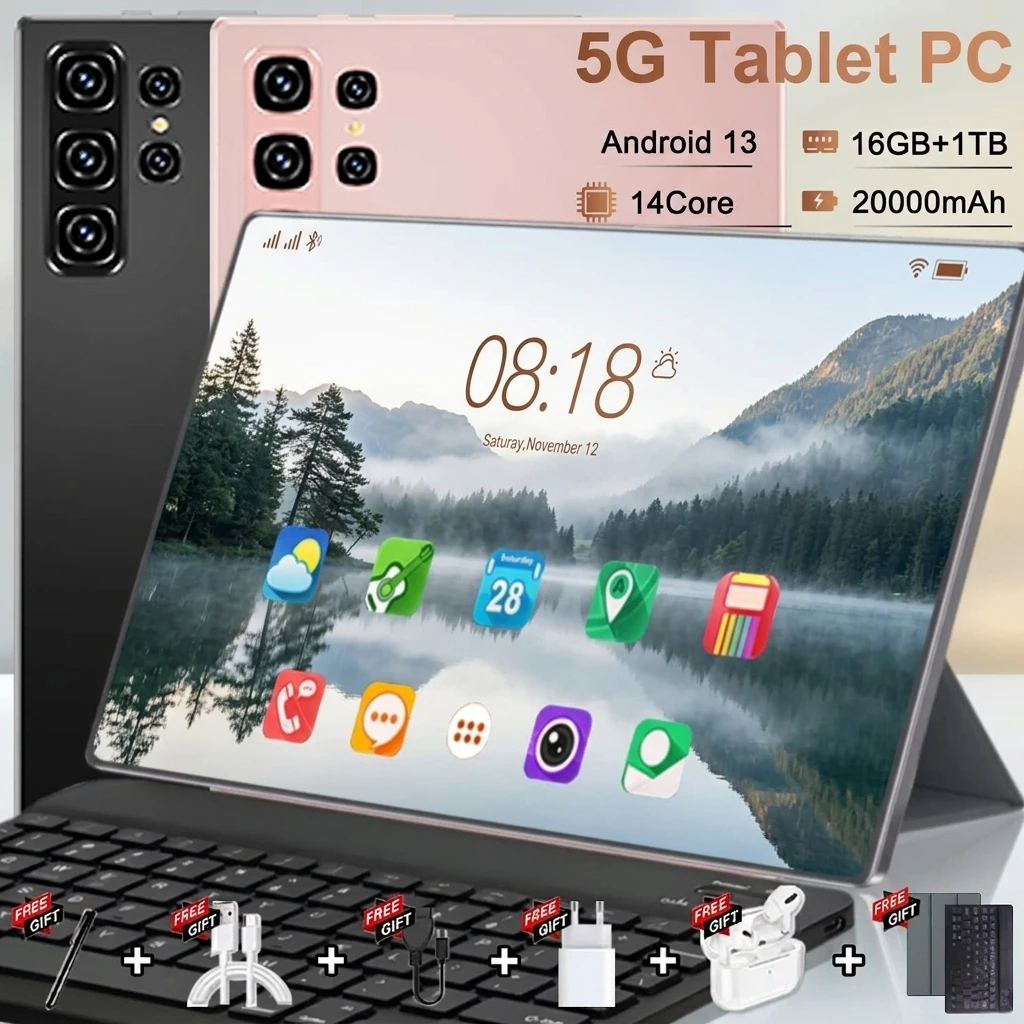 Tablet 5G z baterią 20000 mAh, ekranem 10,36 cala, systemem Android, Wi-Fi, podwójną kamerą 16+32 MP, obsługą dwóch kart SIM, 16 GB pamięci RAM, 1 TB pamięci ROM, systemem Android 13, 14-rdzeniowym
