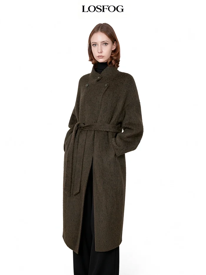 Women's Coat 2026 New Autumn and Winter Long Suri Alpaca Wool Coat Stand Collar 3 Buttons with Belt Loose Coat