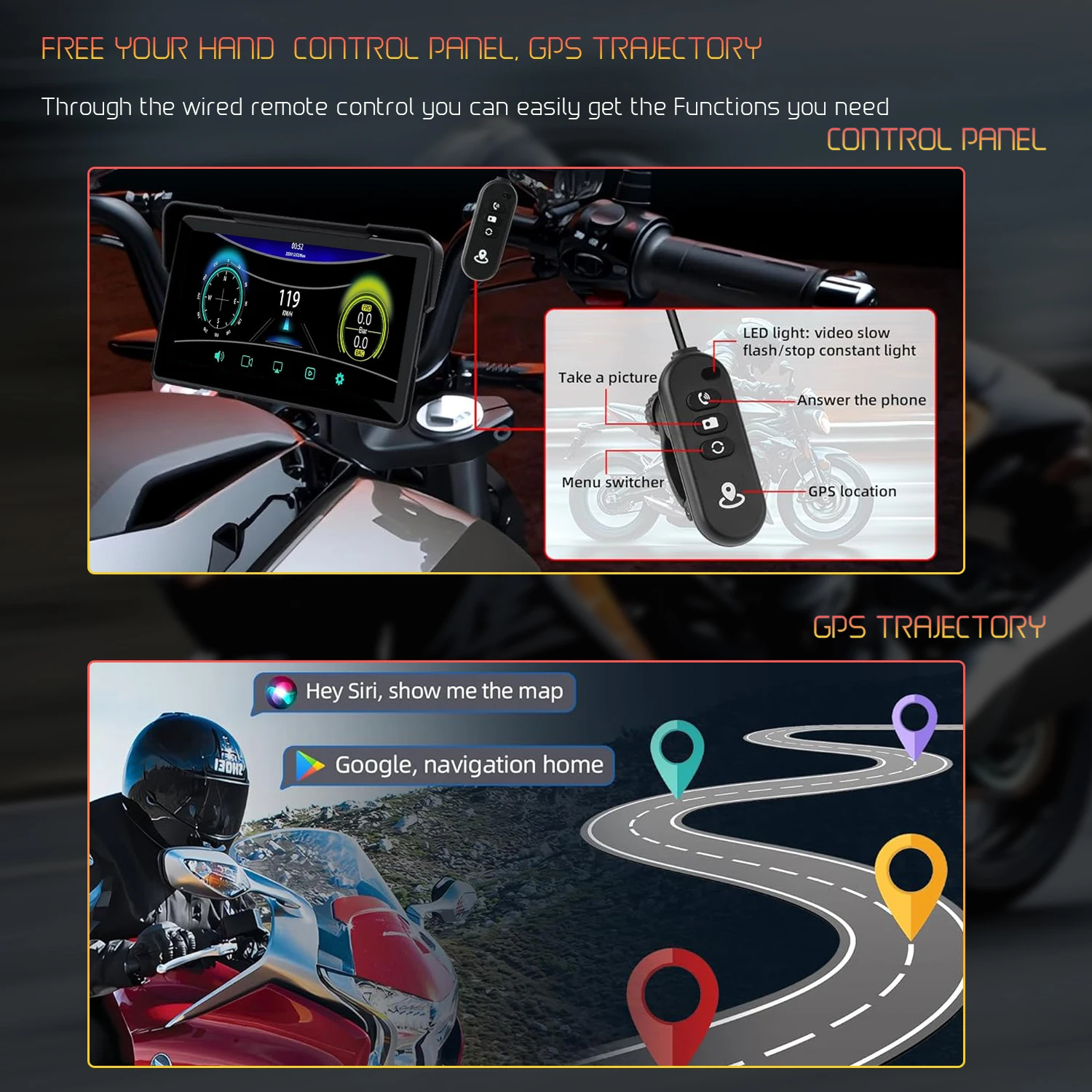 Carplay دراجة نارية أندرويد السيارات TMPS 2K عدسة مزدوجة داش كام واي فاي بلوتوث IPS شاشة تعمل باللمس دعم سيري/جوجل التحكم الصوتي #6