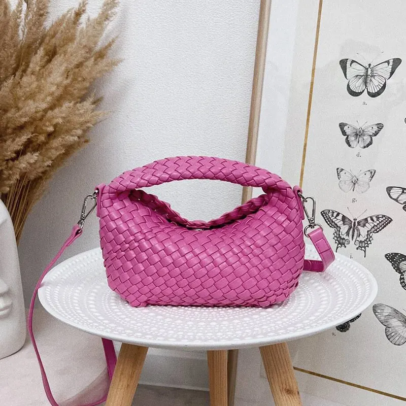 Bolso tejido de cuero PU para mujer, Mini bolso de mano de colores Macaron, bolso de vacaciones de verano, 225BZ5025