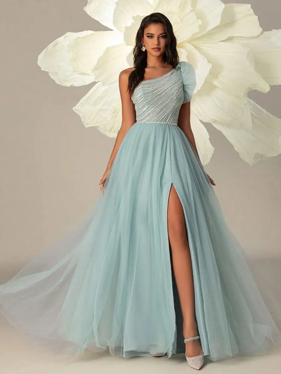 Sexy Mesh One-Shoulder Beaded Elegant High-Waisted Prom Dress Long Gown Evening Dress 2024 A-Line Sleeveless Party Gown vestidos