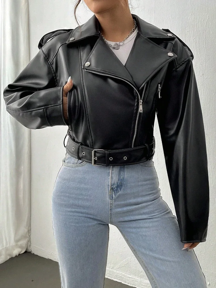 Fitaylor Wiosna Jesień Casual Women Lapel Zipper Faux PU Leather Jacket Damska skórzana kurtka motocyklowa High Street — zdjęcie 2