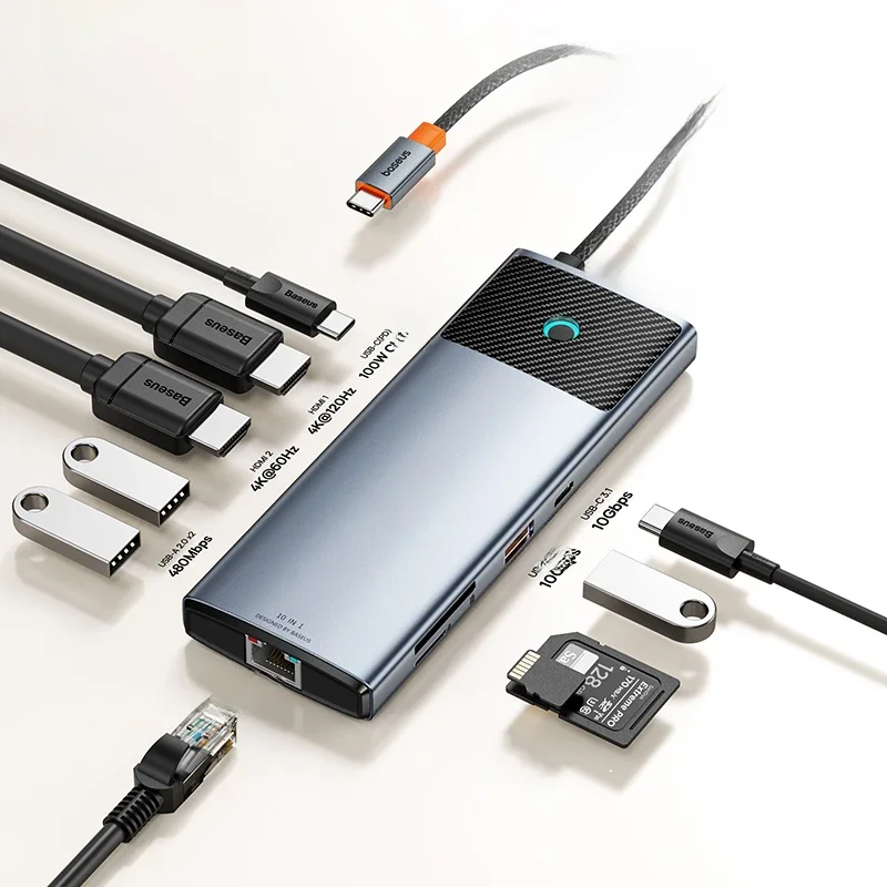 Baseus USB HUB 4K 60Hz Dual HDMI-Compatible Adapter 10 in 1 Splitter RJ45 USB 3.1 PD 100W Type C Hub for MacBook Pro Air USB HUB