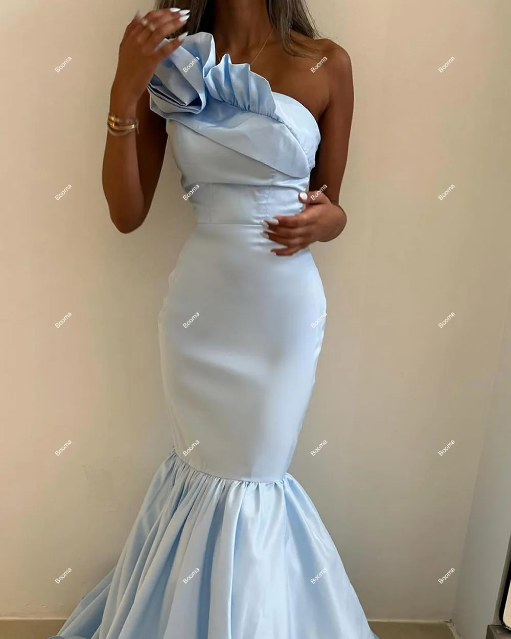 Booma Elegant Mermaid Evening Dresses One Shoulder Pleats Ruched Formal Occasion Gowns for Women Floor Length Party Prom Dress