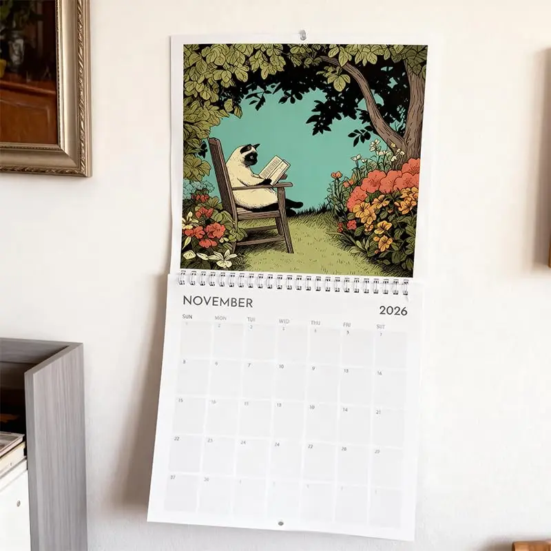 2026 Vintage Reading Cat Wall Hanging Calendar Retro Feline Book Art Monthly Planner Home Wall Ornament Gift for Bibliophile Cat Enthusiasts
