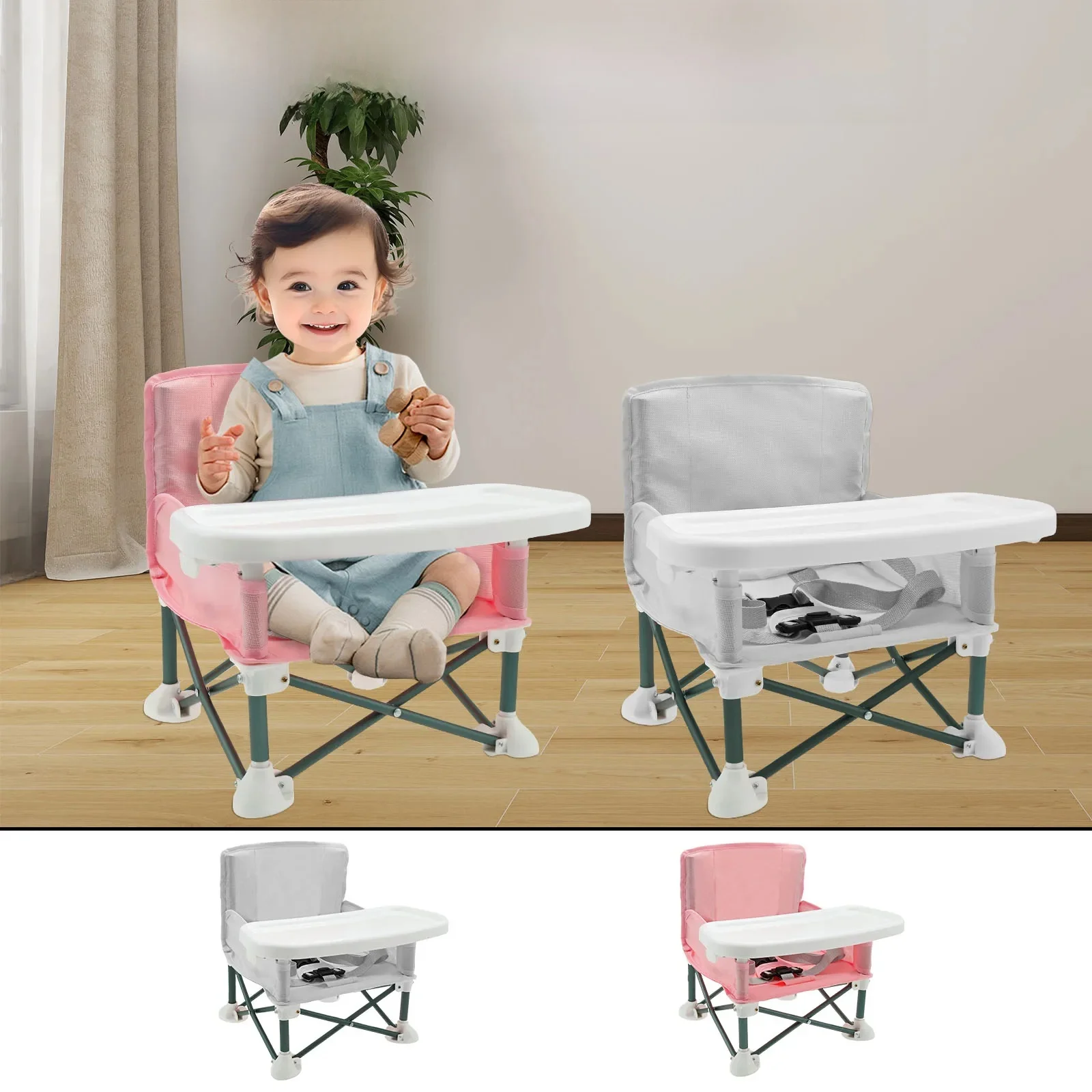 Siège rehausseur pour tout-petits avec ceinture de sécurité pour enfants, chaise de salle à manger, Portable, pliable, voyage, avec plateau d'alimentation, pour la plage intérieure et extérieure