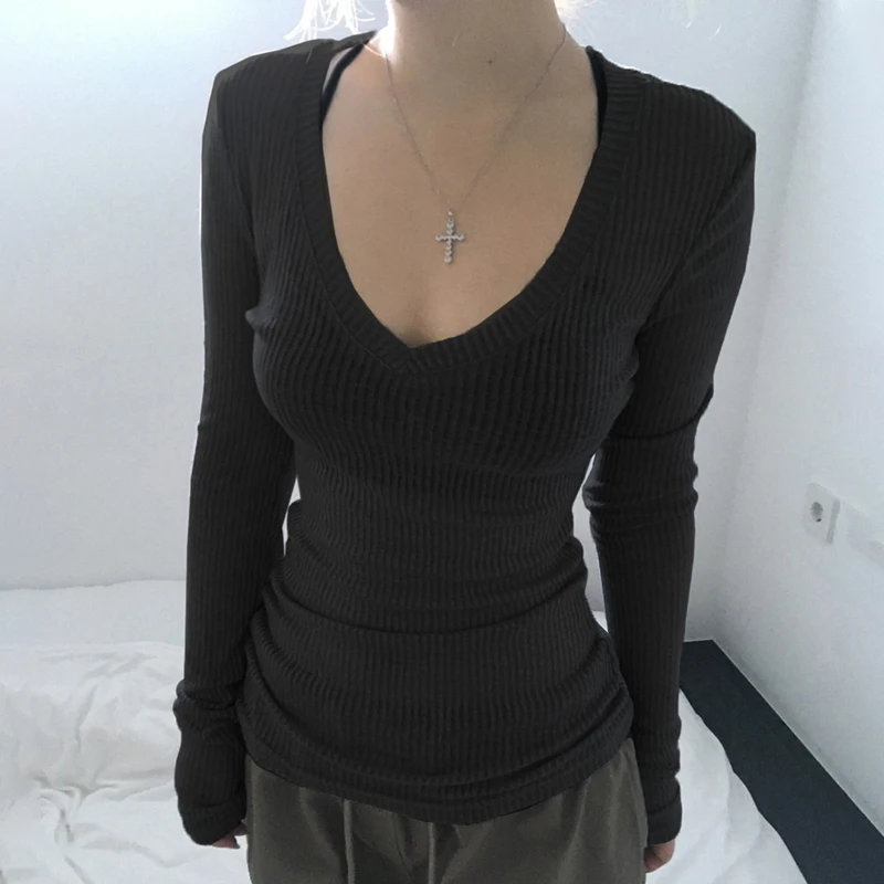 المرأة الصلبة الخامس الرقبة مضلع متماسكة تي شيرت كم طويل نحيل تمتد الأساسية الأعلى الكورية أزياء عارضة الخريف قمم