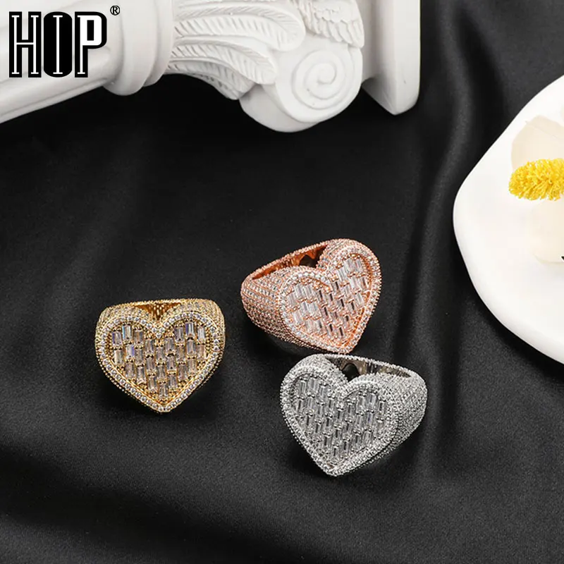 Hip Hop Iced Out Bling Charm Heart Baguette Ring Mens Gold Silver Color Cubic Zirconia Ring For Men Women Jewelry Gift