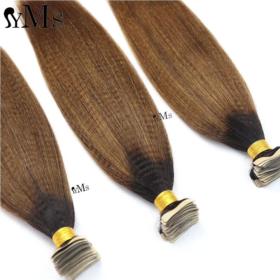 Ombre Brown 1B/30 Yaki Straight Tape In Hair Extensions YMS Full Head Brazilian Kinky Straight Invisible Tape Ins Hair Bundle