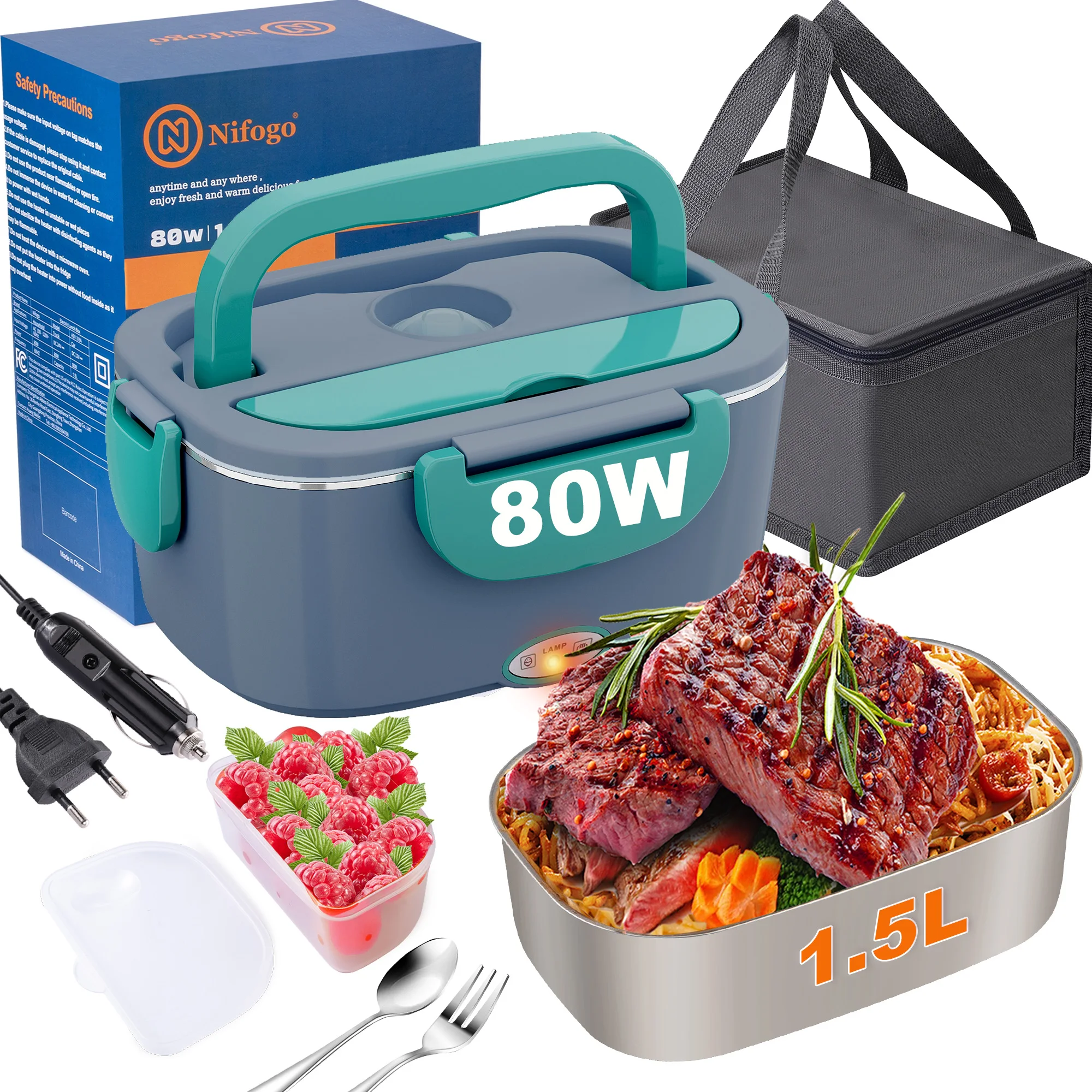 Boîte à déjeuner électrique 80 W avec sac, fourchette et cuillère en acier inoxydable et boîte à nourriture de 1,5 L, boîte à déjeuner électrique pour voiture, camion, bureau