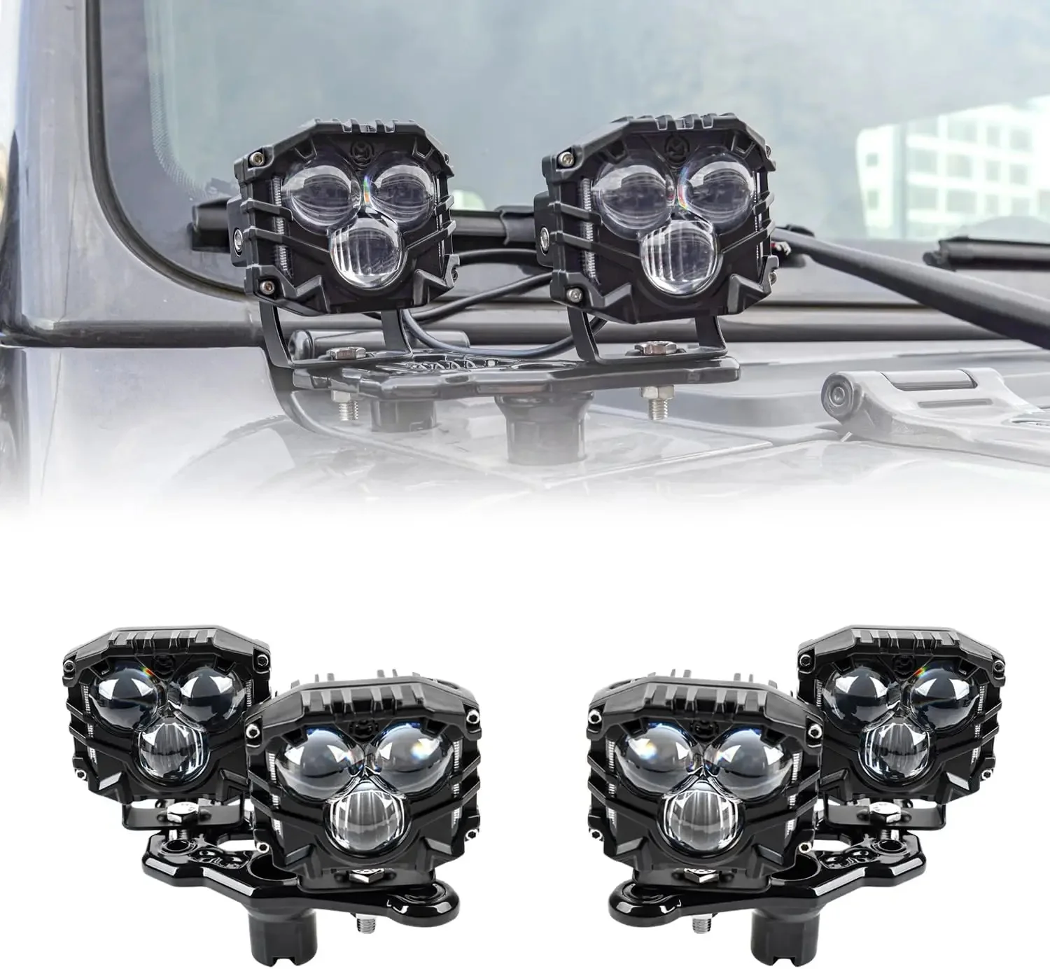 4-Pack 2.5inch Three-Eye 120W spotlights with Dual pods JL A-Pillar Windshield Hinge Mounting Brackets Wiring Harness Kit