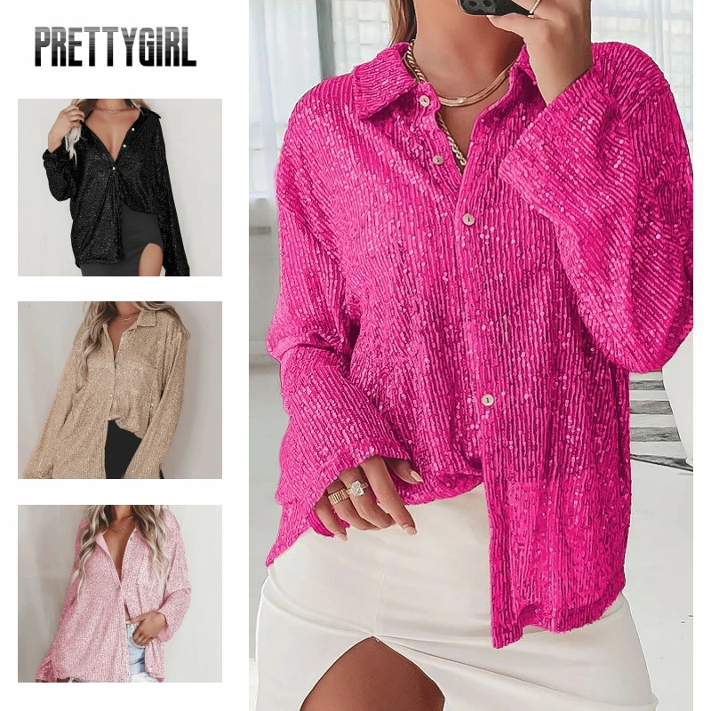 

Glitter Sequin Shirt Women’s Dinner Blouse Tops Sparkly Button Up Shirt Collared Long Sleeve Shiny Party Blouses