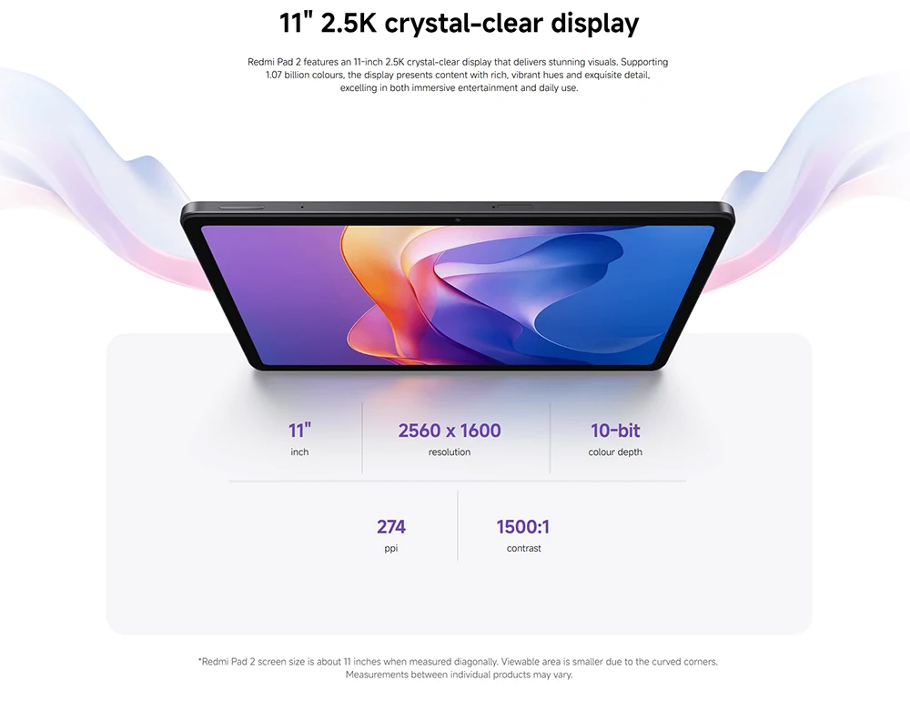 Xiaomi Redmi Pad 2 Wifi Tablet 11" 2.5K 90Hz Display Mediatek Helio G100‑Ultra Processor 9000Mah Battery Fast Charging Wifi 5 Ipv6, Hyperos 8Mp Camera
