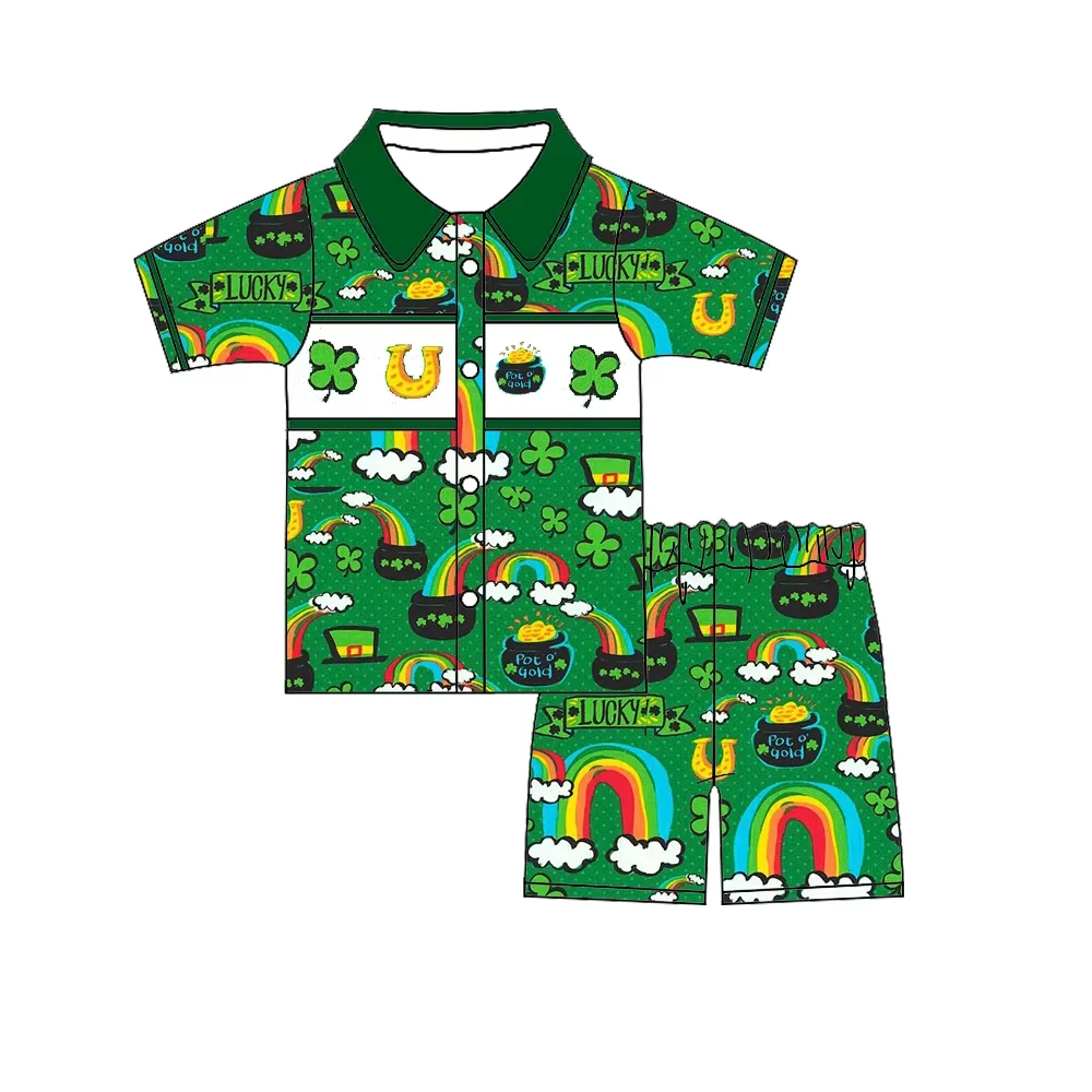 Wholeasle St. Patrick Kids Clothing Green Short-Sleeve Rainbow Coin Boys and Girls Outfits Boutique St. Patrick Kids Pajamas