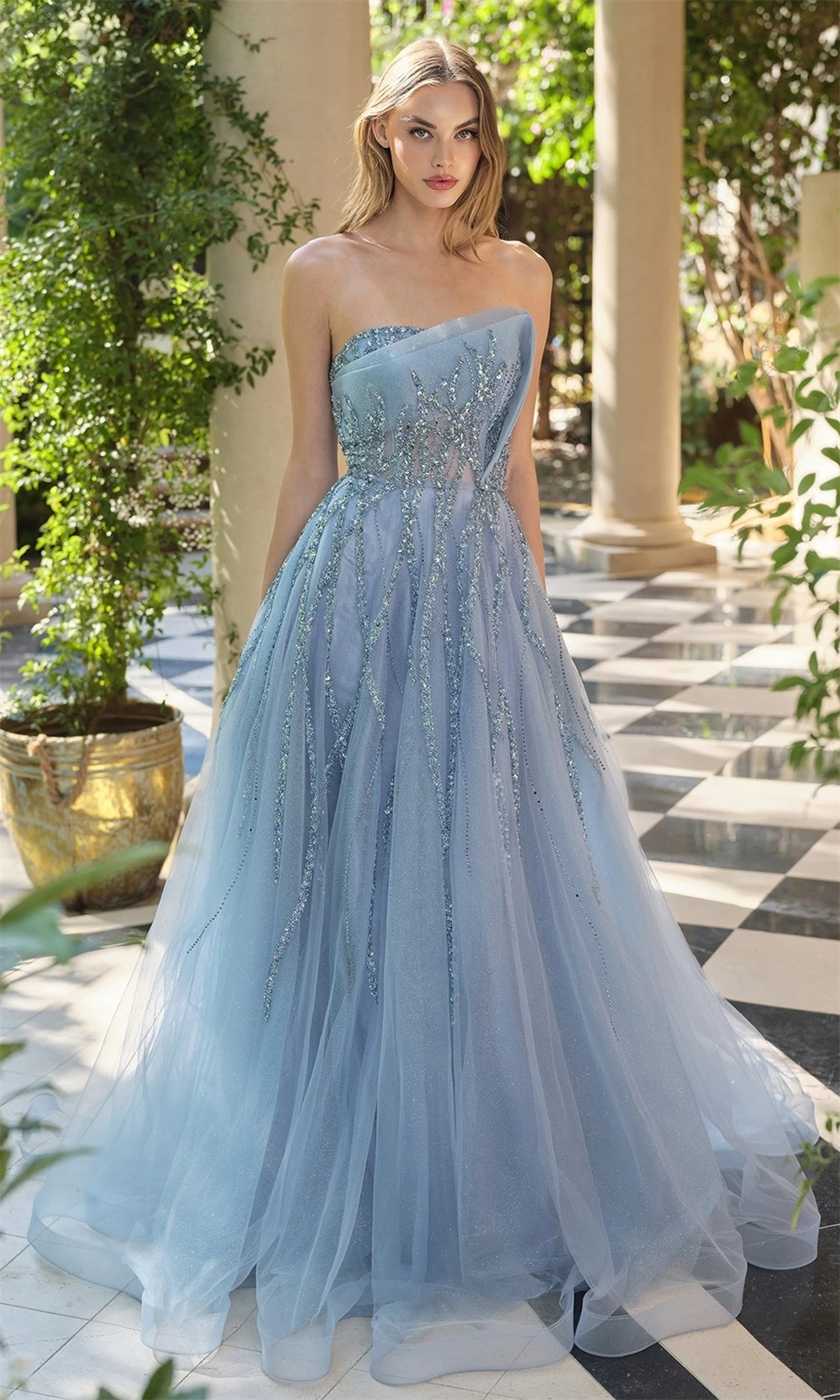 Sansa Customized Shiny Sequins A-line Baby Blue Strapless Prom Dresses Sleeveless Vestidos De Noche Floor-Length Formal Evening image 3