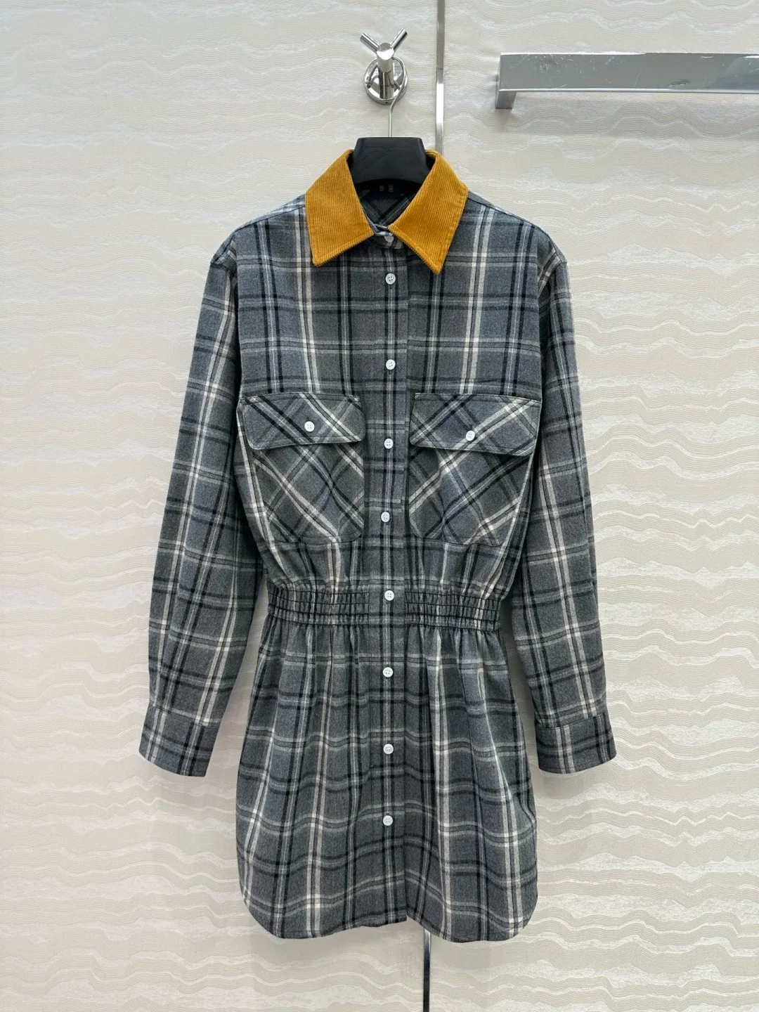 فستان قميص منقوش للنساء، ياقة سروال قصير بجيب كارجو، خصر مطاطي، مزيج من الصوف على شكل حرف A، رمادي عتيق، أنيق بريبي، #1