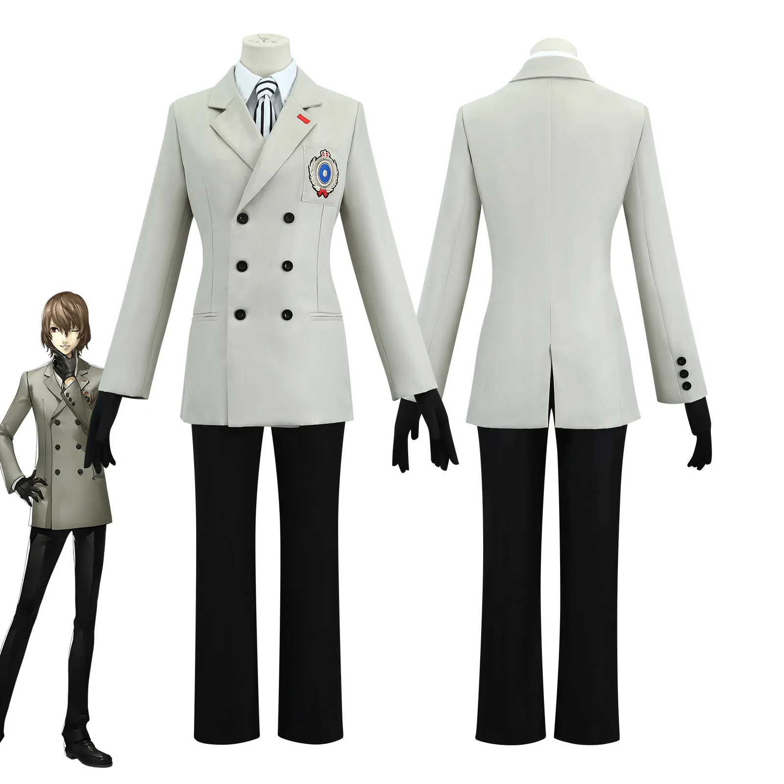 

Goro Akechi Cosplay Detective Uniform Set Double-Breasted Suit Jacket Black Pants Tie Gloves Roleplay Costume Halloween Outfit