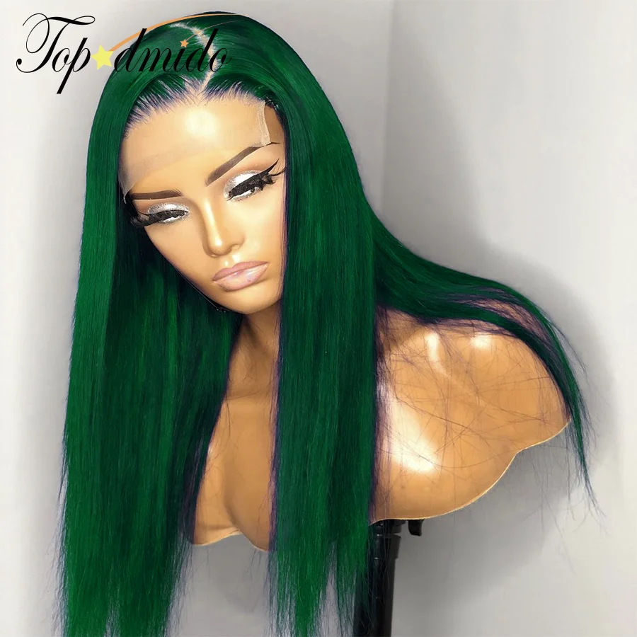 Topodmido Dark Matcha Green Color 13x4 Lace Front Wig wiht Baby Hair 4x4 Brazilian Hair Closure Wig with Natural Hairline