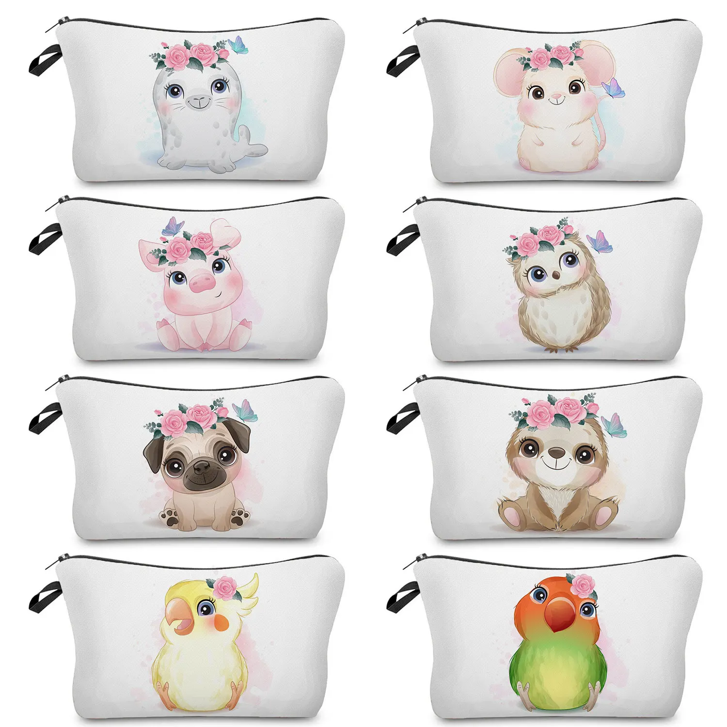 

Cute Cartoon Animal Print Women's Cosmetic Bag Kawaii Pig Owl Sloth Dog Parrot Pattern Makeup Bag Heat Transfer Lovely Organizer