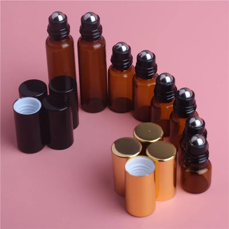 Bouteille à rouler en verre fin ambre, 10 pièces, 1ml, 2ml, 3ml, 5ml, 10ml, Test d'échantillon, flacons de parfum d'huile essentielle avec boule métallique à rouleau noir