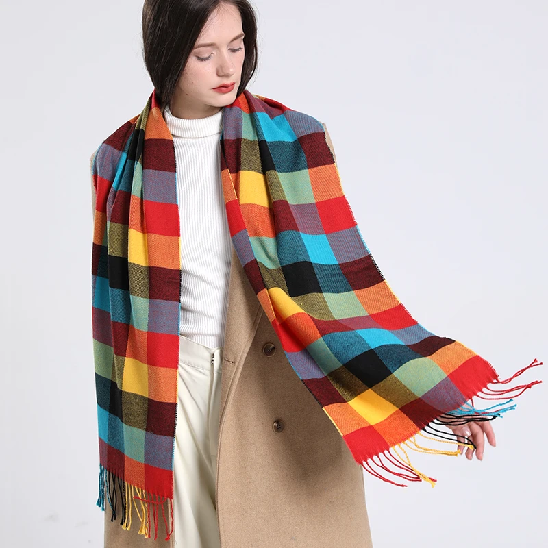 2024 Winter Plaid Warm Scarf Women Cashmere Shawl and Wraps Pashmina Neckerchief Bufanda Female Rainbow Hairy Tessel Echarpe New