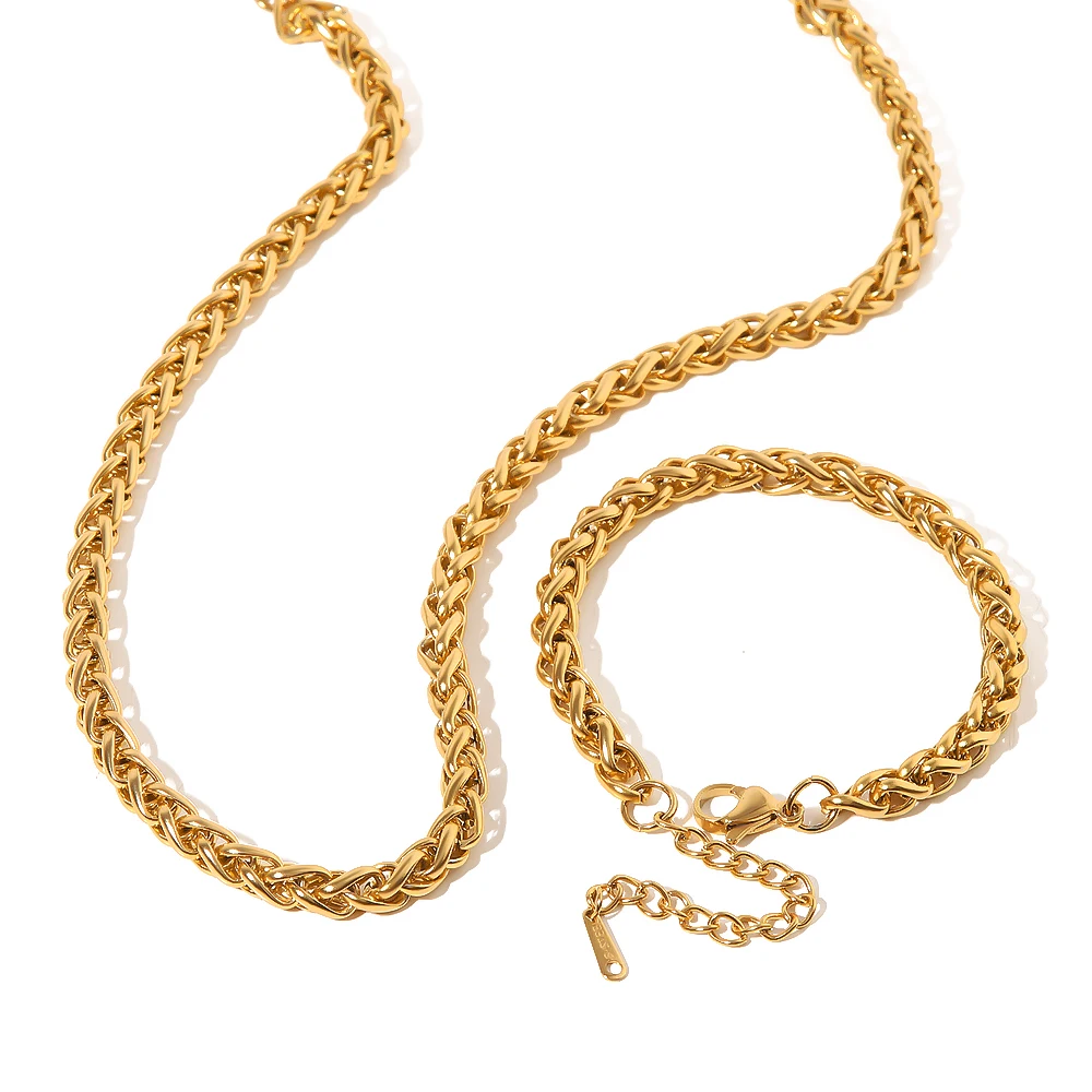 Uworld Simple 18K Gold Plated Stainless Steel Braided Chain Bracelet Necklace for Women Gold Metal Collar бежутерия женская коль